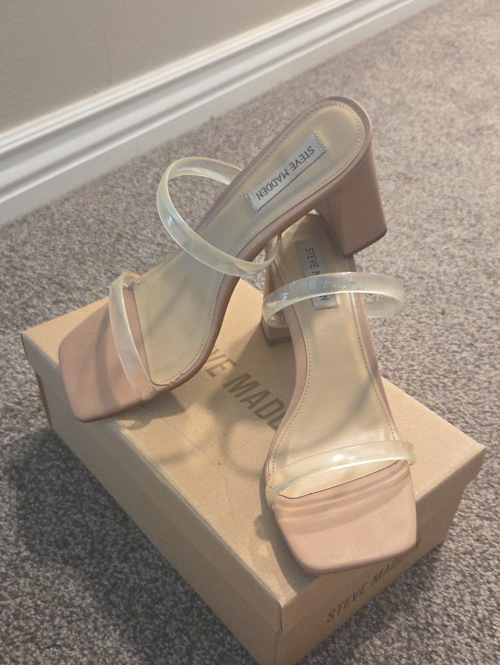 Steve Madden Blush Block Heel Sandals with Clear Straps